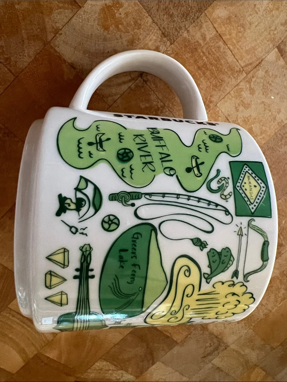 Starbucks White Arkansas Ceramic Mug with Green and Yellow Graphics